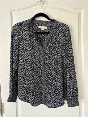 Ann Taylor LOFT Navy Floral Long-Sleeve Blouse
